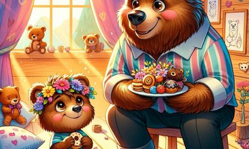 Un pequeño oso marrón, Osito, con un pelaje suave y ojos brillantes de alegría, está de pie sobre una silla de madera, sosteniendo una hermosa banda de flores coloridas y un plato lleno de delicias. Sonríe con orgullo, sus mejillas rosadas delatan su emoción. A su lado, un gran oso, Papá Oso, con un pelaje más oscuro y una expresión cálida, mira a su hijo con admiración. Está sentado en la cama, rodeado de cojines suaves, y su sonrisa irradia amor y felicidad. La escena se desarrolla en una cabaña de madera, decorada con dibujos de animales y rayos de sol filtrándose por la ventana. Juguetes de peluche están esparcidos por el suelo, añadiendo un toque de magia a la atmósfera. Osito presenta orgullosamente su desayuno improvisado para el Día del Padre, un plato colorido adornado con flores y dulces, mientras Papá Oso, emocionado, se prepara para degustar este festín hecho con amor.