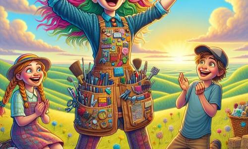 Clara, una joven con el cabello desordenado de colores vivos como verde, rosa y azul, ríe con entusiasmo, con los brazos levantados hacia el cielo. Lleva un delantal colorido lleno de bolsillos rebosantes de herramientas y materiales de invención. A su lado, Pedro, un niño de unos 8 años con gafas redondas y una gorra al revés, se prepara para lanzarse al aire con una gran sonrisa, mientras que Andrea, una niña con coletas rubias, aplaude emocionada, con los ojos brillando de alegría. La escena tiene lugar en un campo verde, bañado por la luz dorada del sol poniente, con flores coloridas que bailan al viento. Al fondo, suaves colinas se dibujan bajo un cielo azul salpicado de nubes esponjosas. Clara y los niños están a punto de probar el "Traje Volador", un disfraz extravagante hecho de materiales diversos, con alas de kitesurf y globos de helio, listos para volar en una alegre competencia de danza aérea.