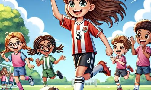 Una giovane donna, Samantha, è al centro dell'immagine, sorridente e piena di energia, con lunghi capelli castani raccolti in una coda di cavallo. Indossa un abbigliamento da calcio colorato, con una maglietta rossa e pantaloni neri, e dribbla un pallone da calcio con facilità sul campo. Intorno a lei ci sono diversi bambini: un ragazzo di 8 anni, con capelli biondi e occhiali, che alza le braccia in segno di vittoria dopo aver segnato un gol; una ragazza di 7 anni, con trecce e un abbigliamento da calcio rosa, che applaude con entusiasmo; e un ragazzo di 9 anni, con capelli castani, che corre verso Samantha con un grande sorriso, pronto a chiederle un autografo. La scena si svolge su un campo da calcio soleggiato, circondato da vegetazione, con alberi sullo sfondo e un cielo blu punteggiato di nuvole bianche. Linee bianche delimitano il campo, e i bambini giocano gioiosamente intorno, creando un'atmosfera festosa. La situazione principale mostra Samantha mentre gioca a calcio con i bambini, insegnando loro tecniche di gioco e celebrando i loro successi, illustrando così la gioia e lo spirito di squadra.