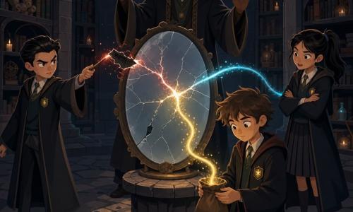 Il protagonista è un ragazzo mago di circa 11 anni, viso curioso e concentrato, capelli castani arruffati, veste scolastica scura con distintivo luminoso; tiene una piccola borsa da cui un filo di luce scintilla e guarda la corda luminosa con espressione dolce e risoluta, la compagna è una ragazza adolescente di circa 12 anni, capelli neri raccolti, sguardo vivace e malizioso, uniforme scolastica, leggermente dietro a destra con le braccia incrociate che osserva stupita; il rivale è un ragazzo di circa 12 anni, capelli scuri pettinati all’indietro, aria arrogante e frustrata, veste curata, a sinistra tende una bacchetta verso un grande specchio opale rompendo parte della luce; l’adulto professore è un uomo maturo con barba corta e occhiali rotondi, veste consumata ma pulita, sta dietro i bambini con le braccia alzate, calmo e protettivo; il luogo è una sala rotonda d’archivio scura con scaffali alti pieni di bobine luminose, muri di pietra e pavimento in lastre consumate, al centro uno specchio ovale opaco su un piedistallo e polvere scintillante sospesa; la scena principale mostra lo specchio incrinato che emette tre fili di luce, uno scivola nella borsa del ragazzo mentre gli altri si disperdono, atmosfera drammatica ma dolce di mistero e riparazione.