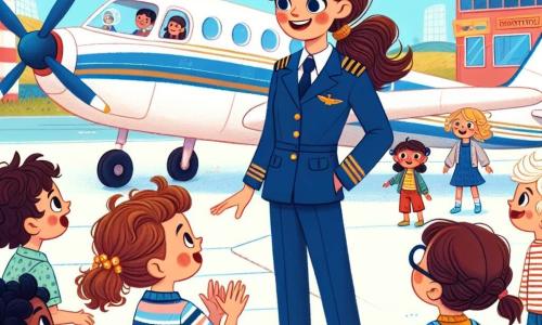 Clara, una coraggiosa pilota di circa trent'anni, è in piedi accanto al suo splendido aereo bianco con strisce blu, con un grande sorriso sul volto. Indossa un'uniforme da pilota blu con stelle dorate, i capelli castani raccolti in una coda di cavallo, e guarda con orgoglio i bambini che la circondano. Un gruppo di cinque bambini, di età compresa tra 6 e 8 anni, è davanti a lei, con gli occhi brillanti di eccitazione. Un ragazzo con un piccolo cappello rosso alza la mano, curioso, mentre una ragazza dai capelli ricci e occhiali rotondi sorride ascoltando attentamente. Gli altri bambini, un ragazzo biondo e una ragazza con trecce, sono seduti per terra mentre imitano il volo con le braccia. La scena si svolge in un aeroporto colorato, con aerei di tutte le dimensioni sullo sfondo e nuvole bianche che fluttuano in un cielo blu brillante. Clara spiega ai bambini come funziona un aereo, mostrando loro le ali e i comandi, mentre insieme immaginano il volo tra le nuvole. È un momento di condivisione e meraviglia, pieno di gioia ed entusiasmo.