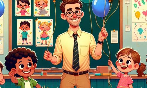 A smiling teacher in his thirties with brown hair and round glasses stands at the center of the scene. He wears a colorful shirt and beige pants, decorating the classroom with multicolored balloons, displaying a joyful and enthusiastic expression. To his right, an 8-year-old girl, Lucy, with curly hair and a pink dress, is hanging a shiny poster on the wall, her face lit up by a big smile. To his left, a 9-year-old boy, Sam, with blonde hair and a blue t-shirt, is blowing up a balloon, laughing happily. The scene takes place in a bright classroom filled with vivid colors, wooden tables, scattered crayons, and drawings on the walls, creating a festive and joyful atmosphere. The main situation shows the teacher and his students preparing for a big end-of-year party, filled with excitement and camaraderie, ready to celebrate their school year together.