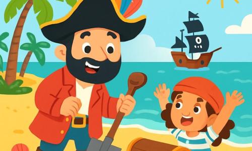 Um homem, o capitão João, está de pé na areia dourada da ilha, com um grande chapéu de pirata adornado com penas coloridas. Ele sorri radiante e seus olhos brilham de alegria. Ele segura uma pá de madeira, pronto para desenterrar um tesouro. Ao seu lado, uma menina de cabelos cacheados, com cerca de 6 anos, usa um bandana vermelho e uma camiseta listrada. Ela olha para o capitão com admiração, com os braços levantados em sinal de empolgação. O cenário é uma praia ensolarada, com palmeiras verdes balançando suavemente ao vento e ondas turquesas quebrando suavemente na costa. Ao longe, avista-se um barco pirata navegando no oceano cintilante. A cena principal mostra o capitão João e a menina cavando na areia, cercados por conchas coloridas, enquanto descobrem um velho baú de madeira decorado com padrões dourados.