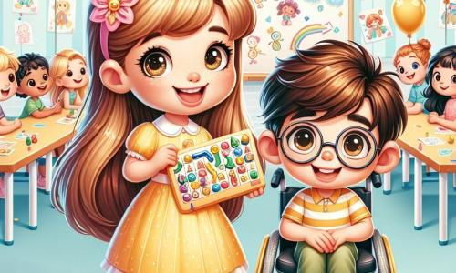 O fată de 10 ani, Sofia, cu părul lung și brunet și ochi strălucitori de curiozitate, zâmbește cu bucurie în timp ce ține un panou colorat pe care scrie "Bine ați venit la Ziua Prieteniei!". Poartă o rochie galbenă frumoasă care reflectă personalitatea ei jucăușă. Lângă ea, Radu, un băiat de 10 ani cu părul castaniu și ochelari, stă pe scaunul său cu rotile. Are un zâmbet mare și arată un joc de societate adaptat pe care l-a adus, pregătit să-l împărtășească cu prietenii. Decorul este într-o sală de clasă luminoasă, împodobită cu baloane colorate și desene ale copiilor agățate pe pereți. Mesele sunt aranjate în cerc, iar copii de toate vârstele sunt adunați în jur, râzând și discutând cu bucurie. Situația principală îi arată pe Sofia și Radu explicând regulile unui joc colegilor lor, creând o atmosferă de camaraderie și incluziune, unde fiecare se simte valoros și fericit să participe împreună.