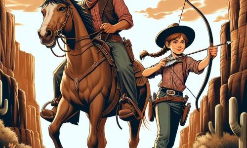 Ein junger Cowboy, Samuel, etwa 20 Jahre alt, steht im Mittelpunkt des Bildes, mit einem breiten Cowboyhut, einem rot karierten Hemd und einer abgetragenen Jeans. Sein Gesicht strahlt Entschlossenheit aus, während er die Zügel seines Pferdes Max, einem prächtigen braunen Mustang mit lebhaften Augen, fest hält, der bereit scheint zu galoppieren. An seiner Seite steht Jane, 18 Jahre alt, mit geflochtenen kastanienbraunen Haaren und einem bunten Cowgirl-Outfit, die mit einem selbstbewussten Lächeln einen Bogen spannt, bereit, ihren Freund zu verteidigen. Die Szenerie zeigt einen weiten Canyon mit steilen Felswänden, beleuchtet vom goldenen Licht der untergehenden Sonne, während Schatten über den staubigen Boden tanzen. Kaktusse und verstreute Büsche bringen etwas Grün in diese trockene Landschaft. Im Vordergrund stehen Samuel und Jane vereint einem bedrohlichen Banditen, Jack, gegenüber, der im Hintergrund bereit ist, ein geheimnisvolles, schimmerndes Artefakt von einem Felsen zu stehlen. Die Atmosphäre ist angespannt, doch der Geist von Abenteuer und Freundschaft leuchtet in den Augen der beiden Helden.