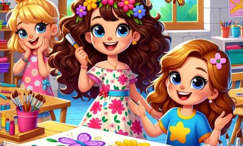 In a bright and colorful classroom, three 8-year-old girls stand together, surrounded by art supplies. Lily, with curly brown hair, wears a floral dress and smiles enthusiastically while holding a paintbrush. Next to her, Mia, with blonde hair and bangs, is in a blue t-shirt and is drawing butterflies on a large sheet of paper. Finally, Ava, with smooth chestnut hair, wears a yellow t-shirt and makes funny gestures while talking about their project, smiling widely. The classroom is decorated with colorful drawings on the walls, wooden tables filled with vibrant paints and crayons, and a large window lets in sunlight, brightening the space. The three friends are working together on their project for the school fair, a vibrant mural with a paper volcano bursting with colorful flowers, symbolizing their creativity and friendship.