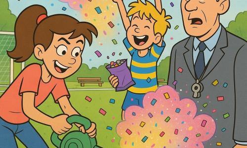 A 12-year-old girl, Maya, exasperated yet amused, smiling with a raised eyebrow, brown mid-length hair in a ponytail, coral T-shirt and jeans, leaning forward with hands reaching for a small leaf blower spewing confetti; an enthusiastic 8-year-old boy, Leo, with messy blond hair and a blue-and-yellow striped shirt, laughing and holding an open bag of confetti slightly behind her with arms raised as confetti swirls around; a stern but comical neighbor, Mr. Dalloway, about 50, in a gray suit with a whistle around his neck and a confetti piece on his eyebrow, standing a few steps away looking surprised; neighborhood football field with green lawn, white goalposts, chalked sideline, benches and trees, blue sky with light clouds; the main scene is a bright, dynamic cloud of pink, yellow, blue and green confetti and glitter bursting from the blower and sticking to hair and clothes.