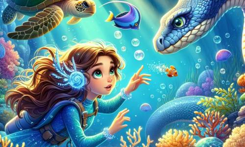 A 12-year-old girl, Lila, with long brown hair floating in the water, wears a shimmering blue wetsuit. Her face shows wonder and curiosity, with eyes sparkling with excitement as she explores an enchanting underwater world. Beside her is a large, wise sea turtle named Tyrus, with a shell adorned with golden patterns, swimming slowly and watching Lila kindly. In the background, a majestic sea serpent, Eira, with silver scales and piercing eyes, glides gracefully through colorful corals. The scene takes place in a vibrant ocean filled with multicolored corals, brightly colored fish, and rays of light filtering through the water's surface. Bubbles escape around them, adding a touch of magic to the environment. Amazed, Lila reaches out toward a shimmering fragment of memory floating among the corals, symbolizing her quest to reclaim what has been lost.