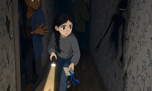 12-year-old Mara, alert and determined with wide worried eyes and a dark braid, wearing a gray sweater and jeans, holds a folded small map and a blue ribbon, cautiously entering a narrow corridor with a flashlight casting a thin rectangle of floor light; Aunt Lysa (~45) with braided hair and a fearful-but-brave expression stands just behind in the doorway, hand out to protect, while Uncle Ren (~47) with a light beard watches from the shadowed recess ready to intervene; the Whisper-Walker, a non-human, very thin negative silhouette with overly long arms ending in pointed fingers and a horizontal mouth filled with small white tooth-like shapes, recoils into the darkness, half merged with the vine-patterned wallpaper; setting is a claustrophobic narrow hallway with old patterned wallpaper, worn wooden floor, low ceiling, visible cracks and nails (one nail holding a small blue ribbon); tense moment as Mara discovers the 