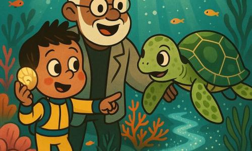 A joyful but slightly nervous 6-year-old boy holds a glowing shell to his ear; he has brown crew-cut hair, large curious eyes, rosy cheeks and wears a yellow wetsuit with blue stripes. Behind him a reassuring 70-year-old grandfather smiles, with a short white beard, round glasses, a light jacket over a wetsuit and an outstretched hand. A sea turtle named Tula floats a few meters in front of them with a large green shell marbled with gold, gentle eyes and open, slow flippers as if inviting them. They are in an underwater coral garden with pink cushion corals, bright orange branching coral, emerald seagrass and schools of small colorful fish. Three paths branch between the corals: a glowing electric-blue path, a path of long waving seaweed, and a path strewn with tinkling sparkling bubbles. The mood is soft and magical with turquoise shafts of light, floating stardust-like particles and the water surface above reflecting silver. The main moment shows the hesitant but brave boy pointing the shell toward the three paths while his grandfather supports him and the turtle encourages him to move forward.