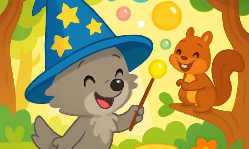A small, soft gray wolf wearing a large blue wizard hat with golden stars stands in the center of the image, with a big amused smile and sparkling mischievous eyes. He waves a small wooden magic wand, surrounded by colorful bubbles floating around him. To his right, a playful squirrel with brown fur and a bushy tail looks at the wolf with a joyful smile, his eyes shining with curiosity. He sits on a tree branch, ready to burst into laughter. The setting is an enchanted forest filled with gnarled trees and brightly colored flowers, with rays of sunlight filtering through the foliage. The main scene shows the little wolf trying to cast a magical spell, but instead of creating cheese, he conjures bubbles that make all the characters laugh, creating a joyful and playful atmosphere.