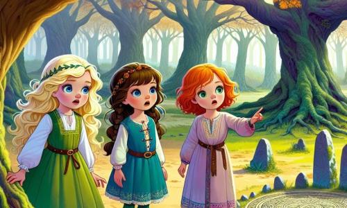 In an enchanted clearing, three nine-year-old girls stand together: Lily, with blonde hair and sparkling eyes, wearing a green dress and looking in wonder. Next to her, Mia, with braided brown hair and a blue tunic, points at a majestic ancient oak. Finally, Sophie, with red hair and a pink dress, stands slightly back, her eyes wide with fear. The clearing is surrounded by tall, gnarled trees with branches extending like protective arms. Golden leaves gently fall, creating a colorful carpet on the ground. In the center, a circle of ancient stones, covered in moss, faintly glows under the light of a mysterious moon. The three friends stand before the stone circle, listening to the whispers of the woods that seem to call them. They are about to discover an ancient secret, their hearts racing with excitement and apprehension.