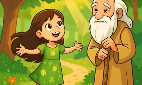 A 12-year-old girl, Elara, with long flowing brown hair, sparkling curious eyes, and a wondrous smile, stands at the edge of a forest path, arms open as if welcoming the world. She wears a light green cotton dress adorned with floral patterns, and her bare feet touch the soft grass. Beside her, a wise elder with a long white beard and knowing eyes, dressed in a beige tunic, holds a carved wooden staff. He observes Elara with a benevolent smile, as if sharing a precious secret. The setting is an enchanted forest, with majestic trees and vibrant green leaves filtering the golden sunlight, creating dancing shadows on the ground covered with colorful wildflowers. Rays of light pierce through the foliage, illuminating Elara's face. The main scene shows Elara listening attentively to the whispers of the leaves, her eyes wide open, captivated by the stories the forest has to tell, while the elder teaches her the art of listening to nature.