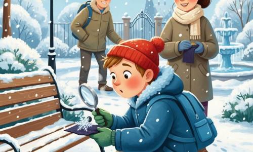 A 10-year-old boy with curious eyes and rosy cheeks, wearing a blue coat, red hat and green gloves, crouches by a snow-dusted park bench holding a silver magnifying glass over a tiny snowflake on dark cloth, his face awed and focused; about 35-year-old mother stands a few steps behind, hair tied, cream scarf, holding a board with dark fabric and smiling gently; about 37-year-old father near the gate in a khaki jacket watches protectively with a hand on the boy’s backpack; the small neighborhood park has a wooden bench, white bushes, a footprinted snowy path, a partially frozen fountain and an old lamp casting warm golden light, the scene capturing a quiet, magical moment with delicate star-like flakes, crunchy snow texture and visible warm breath.