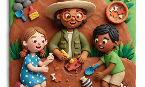 A smiling, focused female archaeologist in a beige wide-brimmed clay hat and round orange glasses wears a khaki jacket and gently brushes a red-orange pottery shard with a small yellow brush in brown earth; to her left a ~7-year-old girl, Lily, with light brown hair in pigtails and a blue polka-dot dress watches in wonder holding a small white bone, and to her right a ~8-year-old boy, Max, with short black hair, a light green T-shirt and beige shorts digs with a small blue trowel and finds a black-striped pottery fragment; the scene is a small excavation in a sunny park with green grass, a reddish-brown soil mound, colorful tools (trowels, brushes, blue bucket), gray stones and yellow flowers in the background, a calm, attentive dig highlighting ancient finds on an orange sieve, warm, curious atmosphere and smooth, thick play-dough textures.