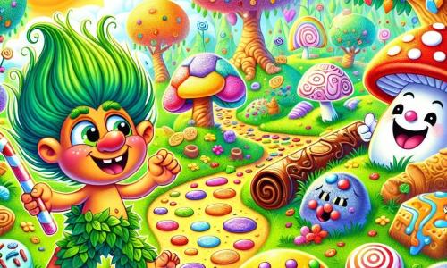 Ein kleiner Troll namens Trolli Taps, mit zerzausten grünen Haaren und einer lustigen großen Nase, springt vor Freude in einem sonnigen Garten, seine Augen funkeln vor Neugier und Aufregung. Er trägt eine Hose aus Blättern und ein T-Shirt aus bunten Süßigkeiten. Neben ihm ermutigt ein lächelnder Pilz mit einem roten Hut mit weißen Punkten ihn, ihm zu folgen, seine kleinen Beine wackeln vor Begeisterung. Der Garten ist voller Zuckerstangenbäume, Marshmallowblumen und Schokoladenwegen, was eine magische und süße Atmosphäre schafft. Im Hintergrund stehen Keksbäume mit Zweigen voller köstlicher Leckereien. Die Hauptsituation zeigt Trolli Taps, der ein mysteriöses Papierrollen entdeckt, das wie eine süße Leckerei eingerollt ist und ihn einlädt, zu lachen und das Glück in einem verrückten Königreich zu suchen.