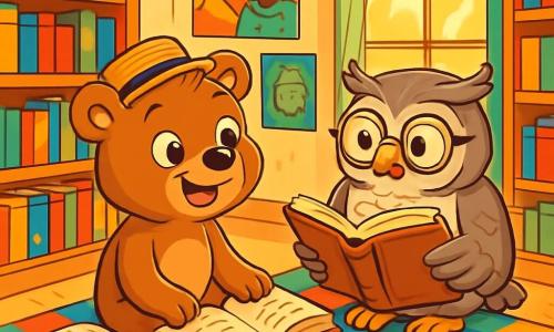Um pequeno urso marrom chamado Nico, com olhos brilhantes de curiosidade e um largo sorriso no rosto, está sentado em um cobertor xadrez colorido, cercado por livros abertos. Ele usa um pequeno chapéu de palha e parece maravilhado com as histórias que descobre. Ao seu lado, uma velha coruja sábia, com penas cinzas e óculos redondos, observa Nico com um olhar benevolente, enquanto folheia um livro antigo. O lugar é uma biblioteca ensolarada, com grandes janelas que deixam entrar raios de luz dourada, iluminando as estantes cheias de livros de capas coloridas. Cartazes de culturas do mundo decoram as paredes, adicionando um toque vibrante ao ambiente. A cena principal mostra Nico compartilhando suas descobertas com a coruja, os dois envolvidos em uma conversa animada, cercados por uma atmosfera acolhedora, onde aprendizado e amizade se misturam alegremente.