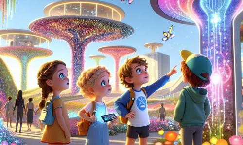 In un parco futuristico, quattro bambini sono insieme, meravigliati dal loro ambiente. Marco, un ragazzo di sette anni con i capelli castani disordinati e una maglietta blu, indica una grande mappa interattiva che brilla al sole. A destra, Sara, una ragazza con capelli biondi intrecciati e un vestito rosa, guarda affascinata dai colori vivaci. A sinistra, Luca, un ragazzo con capelli neri e ricci, indossa un felpa verde e sorride tenendo un piccolo gadget tecnologico. Infine, Giulia, una ragazza con capelli rossi e un cappellino giallo, si accovaccia per toccare un albero con foglie luminescenti. Il parco delle Meraviglie è un luogo incantevole, pieno di alberi giganti dai tronchi scintillanti, fiori multicolori che danzano al vento e piccoli droni a forma di farfalla che volano intorno. Al centro, una piattaforma interattiva attira l'attenzione dei bambini, circondata da giardini pensili e pannelli solari. I bambini scoprono una nuova invenzione, il "Trasportatore di Realtà Virtuale", che permette loro di viaggiare in mondi fantastici. Sono impazienti di provarlo e di immergersi in un'avventura incredibile, piena di magia e scoperte.
