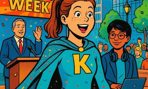 A female hero, Captain Kinetic, enthusiastic and surprised, round freckled face, light brown ponytail, teal costume and glossy cape with confetti stuck to it, relaxed posture with hands lowered; an editor woman, Jae, ~30, tan skin, short black hair, round glasses and headphones around her neck, smirking, standing slightly in the background right near a table with a small laptop; a male mayor, ~50, dark blue suit and red tie, relieved and jovial expression, left on a podium with one hand raised to the crowd; setting: town hall square by day with a wooden stage, colorful 