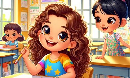 Clara, una niña de 9 años, está en el centro de la imagen, con una expresión de alegría y emoción en su rostro. Tiene grandes rizos castaños que caen sobre sus hombros, ojos brillantes y lleva una camiseta colorida con estrellas. Clara está dibujando en una gran pizarra con lápices de colores, creando un paisaje vibrante de su pueblo. A su lado, Sofía, su mejor amiga, también de 9 años, la anima con una gran sonrisa. Sofía tiene el cabello liso y negro, recogido en una alta coleta, y lleva un vestido de flores. Se encuentra ligeramente apartada, con las manos en las caderas, admirando el trabajo de Clara. Al fondo, el aula está decorada con dibujos de niños, carteles educativos y ventanas que dejan entrar la luz del sol. Las paredes están pintadas de amarillo brillante, creando un ambiente cálido y acogedor. La escena principal muestra a Clara concentrada en su dibujo, rodeada de sus compañeros que la observan con admiración, mientras Don Manuel, el maestro, se encuentra a su lado, sonriendo y listo para animarla. La atmósfera está llena de energía creativa y camaradería.