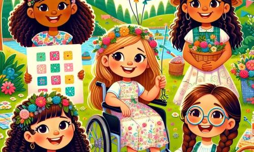 In the foreground, four ten-year-old girls stand together, beaming with joy. Emily, with long curly hair and a big smile, holds a colorful sign that says "Happy Father's Day." To her right, Lily, with smooth brown hair, wears a straw hat and holds a flower garland she made. On the left, Mia, wearing round glasses and with braided hair, smiles while holding a basket filled with delicious cookies. Lastly, Sophie, with a bright smile, is in her wheelchair decorated with balloons, holding a handmade card for her dad. In the background, Willow Park stretches out, filled with lush greenery and large trees with shiny leaves. Colorful flowers line the path, and a big blue sky is dotted with fluffy white clouds. A large picnic table is set with colorful blankets, plates full of food, and games scattered around. The main scene shows the girls celebrating Father's Day with their dads, who arrive with surprised and delighted expressions. Laughter and smiles light up the joyful atmosphere as a balloon gently floats into the sky.