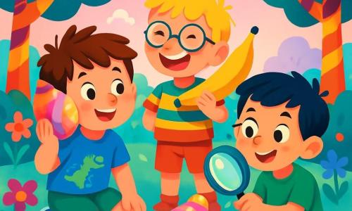 Er zijn 3 personages: - Max: Een 8-jarig jongen met rommelig bruin haar en sprankelende ogen van nieuwsgierigheid. Hij draagt een blauwe t-shirt met een dinosaurus erop en een groene short. Hij zit in een hurkende positie, houdt een grote, glanzende, kleurrijke schelp tegen zijn oor en kijkt verwonderd. - Bram: Een 8-jarig jongen met blond haar en ronde bril. Hij draagt een gestreepte, multikleurige shirt en korte broek. Hij staat naast Max, lacht hard en heeft een banaan in de vorm van een raket onder zijn arm. - Timo: Een 8-jarig jongen met zwart haar en sproeten op zijn neus. Hij draagt een groene t-shirt en een spijkerbroek. Hij zit op het gras, houdt een grote loep vast en kijkt met een verwonderde glimlach naar de schelp. De locatie is een magische tuin, waar het gras helderblauw is en de bloemen in alle kleuren van de regenboog bloeien. Suikerstokken bomen staan rondom hen, en snoepvormige wolken drijven in een pastelroze lucht. De belangrijkste situatie toont de drie vrienden die een glinsterende schelp ontdekken die een zachte gloed uitstraalt. Max luistert naar de schelp, terwijl Bram lacht met zijn banaan en Timo de schelp met zijn loep onderzoekt, allemaal omringd door een vrolijke en magische sfeer.