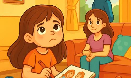 Uma menina de 8 anos, chamada Sofia, com longos cabelos castanhos e olhos brilhantes, está sentada em um tapete colorido na sala. Ela tem um olhar melancólico, mas determinado, segurando um lápis e um caderno de desenho, onde esboça imagens de sua família. Ao lado dela, sua mãe, uma mulher na casa dos trinta anos com cabelos castanhos e um sorriso suave, a observa com ternura, sentada no sofá. O pai de Sofia, um homem na casa dos trinta anos com cabelo curto e uma leve barba, está de pé perto da janela, olhando para fora com uma expressão pensativa. A sala é acolhedora, com paredes pintadas de amarelo claro, almofadas coloridas espalhadas pelo sofá e brinquedos no chão. Uma luz suave filtra pelas cortinas, criando uma atmosfera convidativa. A cena principal mostra Sofia desenhando, tentando expressar seus sentimentos sobre a separação dos pais, enquanto sua mãe e seu pai, embora separados, compartilham um momento de compreensão e amor pela filha.