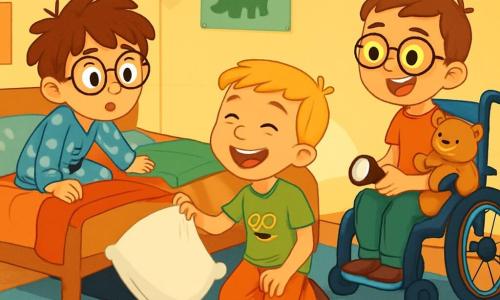 Hay 3 personajes: - Hugo: un niño de 8 años, con cabello castaño desordenado y gafas redondas. Lleva un pijama azul con estrellas blancas y está sentado en su cama, con los ojos muy abiertos de curiosidad. - Martín: un niño de 7 años, con cabello rubio y una gran sonrisa. Lleva una camiseta verde con una rana y está acostado en el suelo, listo para lanzar un suave almohadón. - Samuel: un niño de 8 años, con cabello castaño y gafas. Está en su silla de ruedas, rodeado de peluches, y sostiene una linterna, iluminando la habitación con un haz de luz. El lugar es una habitación infantil acogedora, con paredes pintadas de amarillo pastel, carteles de dinosaurios y una alfombra suave en forma de nube. Una gran cama con sábanas coloridas está en el centro, y hay juguetes esparcidos por el suelo. La situación principal muestra a los tres amigos riendo juntos, buscando un 