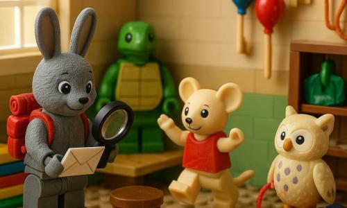 Ein kleiner Detektivhase (LEGO) mit grauem Fell, langen Ohren, Lupe in einer Pfote und Brief in der anderen, eine winzige Maus (LEGO) mit cremefarbenem Fell rennt aufgeregt zum Hocker, auf dem ein rotes Trikot liegt, eine bastelnde Eule (LEGO) mit creme- und violettgetupften Federn hält roten Faden und Glitzerreste, ein rotfüchsiger (LEGO) mit schokoladenbefleckter Schnauze sitzt verlegen an einer offenen Sporttasche, eine ruhige Schildkröte (LEGO) beobachtet die Szene; Schauplatz: kleiner Umkleide-/Werkraum aus Bausteinen mit hoher Fensterlichtung, Matten, Trampolin, Haken, Bank und offenem Spind mit Kleidung und Mehlspuren; Haupthandlung: Entdeckung des roten Trikots auf dem Hocker, Moment der Enthüllung und Vergebung, warme, gemeinsam geteilte Erleichterung und Freundschaft.