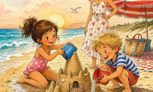 Una bambina di 6 anni, Lila, sorride con le guance rosate e gli occhi luminosi, capelli castani a codine, seduta sulla sabbia umida a modellare la torre principale di un castello con un secchiello azzurro; un bambino di 6 anni, Tommi, ride e porge un secchiello d’acqua, capelli biondi spettinati, maglietta a righe, accucciato a destra di Lila ad innaffiare la base del castello; una donna di circa 35 anni, Anna, capelli castano chiaro con un fiore tra i capelli, sorride e sta in piedi a pochi passi vicino a un ombrellone adosso incoraggiando i bambini; la larga spiaggia dorata, onde turchesi che lambiscono la riva, alcune conchiglie nacrate e un piccolo ponte di stecchini al centro del castello, cielo pastello con un sole aranciato basso, gabbiani che volano bassi, ombrellone a righe rosse e bianche a sinistra e un asciugamano a fantasia vicino a una borsa da spiaggia; situazione: due bambini concentrati e felici costruiscono insieme un grande castello di sabbia con torri irregolari, una conchiglia a forma di cuore in cima, piccole schizzi d’acqua e impronte di bambini in primo piano.