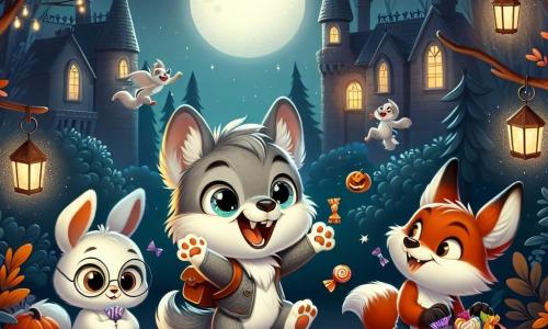 Un piccolo lupo di nome Lupoletto, con un pelo grigio e occhi brillanti di curiosità, danza gioiosamente in una foresta incantata, circondato da lanterne scintillanti. Ha un grande sorriso sul volto, mostrando il suo entusiasmo per Halloween. Accanto a lui, un coniglio bianco di nome Bianchino, con grandi orecchie e uno sguardo preoccupato, guarda intorno a sé con un misto di paura ed eccitazione, mentre tiene una piccola borsetta vuota, pronto a riempirla di dolcetti. Una volpe rossa, Rosina, con un pelo splendente e un'aria maliziosa, ride saltellando, tenendo un sacchetto pieno di leccornie. La scena si svolge in una foresta buia ma magica, dove gli alberi sono adornati di ragnatele e zucche illuminate, creando un'atmosfera misteriosa e festosa. La luna brilla alta nel cielo, proiettando una luce dolce sul terreno coperto di foglie dorate. Lupoletto, Bianchino e Rosina si dirigono insieme verso un grande castello antico, con muri di pietra e finestre rotte, dove sperano di trovare dolci e vivere un'avventura indimenticabile.