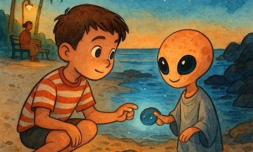 Bambino di 8 anni, capelli castani corti e occhi curiosi, accovacciato sulla spiaggia tende delicatamente un piccolo pezzo di metallo brillante a un piccolo extraterrestre; indossa maglietta a righe, pantaloncini e ha una torcia accanto. Piccolo extraterrestre alto come una bottiglia d'acqua, pelle color pesca con macchie chiare, grandi occhi neri lucenti, abito grigio vaporoso; sorride timidamente, tiene una moneta opaca che si illumina e indica una pozza tra due scogli. La madre, sui 35 anni, capelli raccolti, seduta su una panchina vicino alle palme, osserva da lontano illuminata da una lampada gialla sul lungomare. Spiaggia al crepuscolo: sabbia umida con impronte, qualche alga e legno flottante, pozza che riflette stelle, scogli scuri a destra e orizzonte marino. Scena: scambio silenzioso e tenero, luce blu della moneta, atmosfera pacifica, colori tenui con accenti azzurri e aranciati.