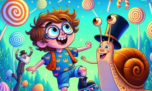 A 12-year-old boy, Timmy, with messy hair and round glasses, smiles in wonder as he joyfully dances in an enchanted forest. He wears a colorful t-shirt with cat patterns and denim shorts, his arms raised in the air, full of energy and happiness. Next to him, Sir Snailington, a giant snail with a shiny shell and a top hat, moves slowly, his eyes sparkling with joy. He claps enthusiastically, adding an absurd touch to the scene. In the background, the Possibility Forest is a magical place filled with candy trees with lollipop leaves and licorice vines, under a bright blue sky dotted with marshmallow-shaped clouds. The main scene shows Timmy and Sir Snailington dancing with a giant roller-skating chicken performing comical moves, while singing marshmallows joyfully surround them, creating a playful atmosphere full of bright colors.