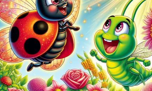 Una mariquita alegre llamada Lila, con un cuerpo rojo brillante salpicado de pequeñas manchas negras, vuela con entusiasmo sobre un jardín colorido, sus alas translúcidas brillando bajo el sol. Junto a ella, un saltamontes llamado Tito, de un verde brillante, salta alegremente, sus largas patas traseras dobladas, listo para saltar. El jardín está lleno de flores vibrantes: rosas rosas, girasoles amarillos y violetas, que bailan suavemente bajo la brisa ligera. Lila y Tito buscan una fuente de agua para salvar las flores que comienzan a marchitarse, con sus rostros radiantes de esperanza y determinación, mientras una piedra mágica brillante reposa en el centro, iluminando la escena con una suave luz dorada.