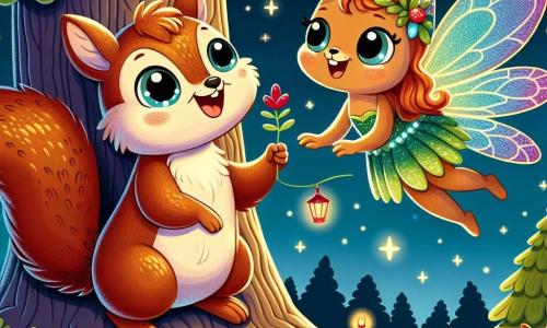Un piccolo scoiattolo di nome Piripillo, con un pelo marrone morbido e occhi scintillanti di curiosità, è seduto su un ramo d'albero, sorridendo ampiamente mentre tiene un piccolo mazzo di fiori rossi. Accanto a lui, Lalla la lucciola, con il suo corpo luminoso e ali scintillanti, vola gioiosamente emettendo una dolce luce, mentre gli mostra un bel vestito fatto di foglie brillanti. Sotto, la grande quercia maestosa è circondata da lanterne colorate e piccoli animali della foresta che danzano e ridono, creando un'atmosfera festosa e calorosa. La scena si svolge in una radura incantata, illuminata dalle stelle e dalle lanterne, dove tutti gli animali si riuniscono per celebrare la Grande Festa della Foresta, piena di risate e gioia.