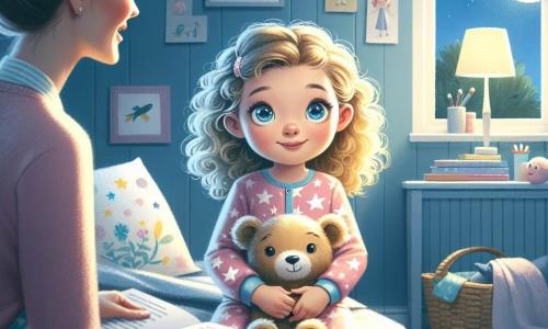 Una bambina di 5 anni, di nome Emma, con grandi occhi blu scintillanti e capelli biondi ricci, è seduta sul suo letto. Ha un'espressione curiosa e leggermente ansiosa, tenendo il suo orsacchiotto contro di sé. Emma indossa un pigiama rosa con stelle bianche e la luce della luna illumina dolcemente la sua stanza. Accanto a lei, sua madre, una donna di trent'anni con capelli castani raccolti in un chignon, le legge una storia con un sorriso rassicurante. È seduta sul bordo del letto, circondata da libri colorati e giocattoli sparsi. La stanza di Emma è calda e accogliente, con pareti dipinte di azzurro chiaro e decorazioni di nuvole e stelle. Un piccolo tappeto morbido è posato sul pavimento e una finestra lascia entrare la luce della luna, creando ombre dolci sui muri. La scena principale mostra Emma, un po' nervosa, che ascolta attentamente sua madre raccontarle una storia su una stella brillante che veglia su di lei durante la notte, mentre l'oscurità avvolge dolcemente la stanza, trasformando il suo spazio familiare in un mondo misterioso.