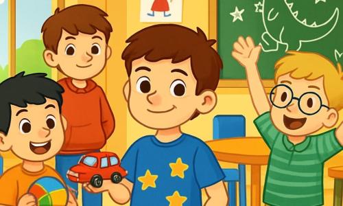 Ci sono quattro bambini: Tommaso, un ragazzo di 8 anni con capelli marroni e occhi vivaci, indossa una maglietta blu con stelle gialle e pantaloni rossi. Paolo, anche lui di 8 anni, ha capelli biondi e occhiali tondi, indossa una camicia a righe verdi e pantaloni beige, e si trova a destra di Tommaso, sollevando le braccia con entusiasmo. Marco, con capelli neri e lentiggini, indossa una maglietta arancione e pantaloni blu, è a sinistra di Tommaso e mostra con orgoglio una grande biglia colorata. Luca, con capelli castani e un sorriso timido, indossa un felpa rossa e jeans, si trova dietro Tommaso con le mani in tasca, osservando con curiosità. L'ambientazione è un'aula luminosa con muri gialli, finestre che lasciano entrare la luce del sole, disegni appesi e banchi colorati disposti in cerchio. I quattro amici giocano insieme, ridendo e condividendo storie sui loro giocattoli preferiti, mentre Tommaso parla della sua passione per le macchinine, creando un'atmosfera di amicizia e sostegno.