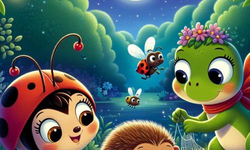 Una piccola coccinella di nome Lilli, con un corpo rotondo e rosso punteggiato di macchie nere, vola gioiosamente nell'aria con un grande sorriso di eccitazione sul volto. Accanto a lei, il signor Riccio, un piccolo riccio con aculei morbidi e occhi rotondi, sta raccogliendo bacche, apparendo un po' perplesso ma determinato, mentre Carla la rana, con la sua pelle verde brillante e i suoi grandi occhi curiosi, salta felicemente attorno a loro, pronta ad aiutare. La scena si svolge in una foresta incantata, illuminata dalla dolce luce della luna, dove gli alberi maestosi si ergono con foglie scintillanti come stelle. Lilli, Riccio e Carla lavorano insieme per costruire una grande rete di foglie per raccogliere le bacche che rotolano, creando un'atmosfera di camaraderie e avventura.