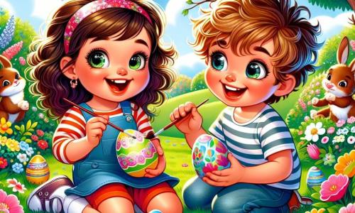 A 2-year-old girl with big bright eyes and curly brown hair is sitting on the green grass, smiling widely. She holds a colorful Easter egg in her hands, painting cheerful patterns with a small brush. Next to her, a 3-year-old boy with messy blond hair and a striped shirt looks in wonder at the eggs they are decorating together. He holds a blue egg in his hands, ready to paint. In the background, a sunny garden is filled with colorful flowers, blooming trees, and a clear blue sky. Chocolate bunnies are hidden among the bushes, adding a touch of magic to the scene. The little girl and her friend are having fun decorating Easter eggs, laughing and sharing ideas while discovering a shiny egg hidden behind a tree, filling the air with joy and excitement.