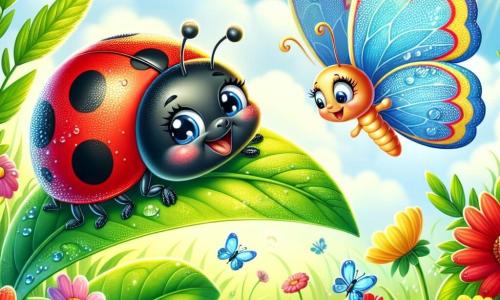 An illustration of a small red ladybug with black spots, smiling and full of energy, perched on a large green leaf with its wings slightly open, ready to take flight. Nearby, a colorful butterfly with translucent wings in shades of blue and yellow joyfully flits around, displaying a friendly and curious expression, enthusiastically observing the ladybug. The setting is a sunny meadow dotted with vibrant flowers in bright colors like pink, yellow, and purple, with blades of grass gently swaying in the breeze. In the background, a clear blue sky with fluffy white clouds adds a touch of softness to the scene. The main focus shows the ladybug searching for the largest and brightest dewdrop, its eyes sparkling with excitement as it scans the leaves around it. Shimmering dewdrops are visible on the leaves, reflecting sunlight like tiny diamonds. Other graphic elements include rays of sunlight filtering through the leaves, creating delicate shadows, and cheerful insects flying around, adding a sense of happiness and adventure to the scene.