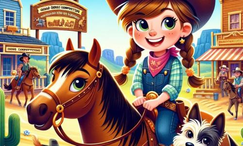 Mia, ein etwa 10-jähriges Cowgirl, steht im Mittelpunkt des Bildes. Sie hat lange, geflochtene braune Haare, ein großes Lächeln im Gesicht und trägt einen mit Blumen geschmückten Cowboyhut. Sie sitzt auf ihrem schönen, kastanienbraunen Pferd und schaut entschlossen in den Horizont, bereit, eine Herausforderung anzunehmen. Neben ihr steht Max, ihr kleiner Terrier, auf seinen Hinterbeinen, mit aufgerichteten Ohren und herausgestreckter Zunge, was seine Begeisterung zeigt. Im Hintergrund spielt sich eine lebhafte Szene in einem kleinen Dorf des Wilden Westens ab, mit Holzhäusern, Kakteen und Cowboys, die um ein großes Schild herumwuseln, das den Pferdewettbewerb ankündigt. Die Hauptsituation zeigt Mia, voller Mut und Freude, bereit, am großen Pferdewettbewerb teilzunehmen, umgeben von einer Atmosphäre des Wettbewerbs und der Freundschaft.