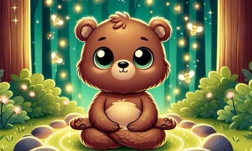 A young brown bear named Milo, with soft and silky fur, sits cross-legged in the center of a circle of sparkling stones, his face radiating serenity and calm. His large eyes shine with wonder as he takes a deep breath, surrounded by a gentle golden light. Glowing fireflies dance around him, their tiny yellow and green lights creating a magical atmosphere. They appear joyful and playful, fluttering in the cool night air, illuminating Milo's face with a warm glow. The setting is a peaceful clearing in an enchanted forest, where majestic trees stand around, their leaves rustling softly in the night breeze. The ground is covered with lush green grass, dotted with small white flowers that open under the moonlight. With a peaceful smile, Milo practices deep breathing, inhaling the soft light and exhaling slowly, while the fireflies surround him, creating an atmosphere of calm and well-being.