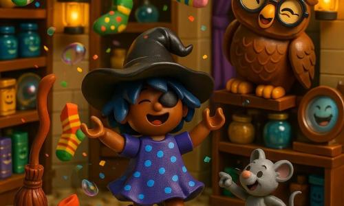 Mina, apprendista strega di 6 anni, felice e ridente, capelli blu corti, grande cappello da strega che le scende sugli occhi, vestito a pois e calzini a righe; danza ridendo al centro tendendo la mano verso calzini volanti. Tobia, un grande gufo dalle piume brune con occhiali storti, su una mensola a destra, inclina la testa sorridendo. Lorenzo, un topolino maschio grigio vivace, 3 cm in stile LEGO, salta di gioia su un cuscino vicino a Mina e indica un calzino. La scopa-motore, oggetto-personaggio rosso con dettagli in legno, vola in cerchio partecipando al ballo dei calzini. Decine di calzini colorati a pois e righe fluttuano come farfalle, con piccole ombre e alcuni posati su teste. Interno di un piccolo negozio di curiosità in mattoni: scaffali pieni di libri cantanti, barattoli brillanti, uno specchio rotondo che racconta barzellette, tende in velluto viola e lampade calde che proiettano aloni dorati. Situazione principale: scena gioiosa e caotica di calzini incantati che vorticano, Mina e i suoi amici ridono e guidano i calzini verso una grande finestra con una panca di cuscini soffici; coriandoli e bolle di sapone colorate fluttuano intorno.