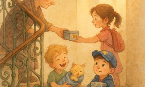 Un băiat de 8 ani, Alex, emoționat și mândru, cu față rotundă, păr scurt castaniu, poartă vestă albastră și șapcă cu o stea și ține strâns la piept o cutiuță metalică cu un autocolant soare; o fetiță de 6–7 ani, cu păr castaniu prins în coadă, rochiță roz și ghiozdan mic, roșește și zâmbește timid întinzând cutiuța spre vecină, stând pe treaptă deasupra lui Alex; un băiat de ~8 ani, Andrei, cu păr blond ciufulit și tricou verde, râde arătând un pui de pisică galben înfășurat într-o pătură; o doamnă în vârstă, Doamna Mara (≈70 ani), cu păr gri în coc și față blândă, poartă o rochie cu imprimeu și ține o pătură subțire pe genunchi, aplecându-se de pe palier pentru a primi cutiuța. Puiul de pisică, cu blăniță pufoasă și ochi închiși, e înfășurat într-o pătură cu dungi albastre pe o treaptă. Loc: casa scărilor luminoasă a unui bloc vechi, pereți crem ușor uzați, scări metalice verzi patinate, balustradă ornamentată, lumină caldă de după-amiază printr-o geam; situație: predare bucurioasă a cutiei cu rețete — fețe calde, gesturi blânde, firimituri de tort pe o farfurie pe treaptă, autocolant soare strălucitor, atmosferă cosy și solidară; stil: acuarelă blândă, texturi spălate, culori calde și pastel, tușe fine și detalii copilărești.