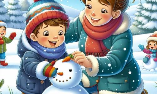 Een 5-jarig jongetje met kastanjebruin haar en sprankelende ogen maakt een sneeuwpop in een prachtig sneeuwlandschap. Hij draagt een grote blauwe jas, een rode muts en kleurrijke handschoenen, en zijn gezicht straalt van opwinding en geluk. Naast hem helpt zijn moeder, een vrouw van rond de dertig met bruin haar in een knot en een warme glimlach, hem een wortel voor de neus van de sneeuwpop te plaatsen. Ze is gekleed in een groene jas en een wollen sjaal. De omgeving is een betoverend winterlandschap met met sneeuw bedekte bomen, een heldere blauwe lucht en zacht vallende sneeuwvlokken. Op de achtergrond spelen kinderen en houden sneeuwballengevechten, wat bijdraagt aan de vrolijke sfeer van de scène. De hoofdactie toont het jongetje, geconcentreerd en gelukkig, terwijl hij de sneeuw vormt om zijn sneeuwpop te maken, terwijl zijn moeder hem teder aanmoedigt.