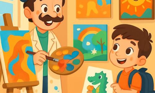 An artist with curly mustache and paint-splattered shoes, smiling with sparkling eyes, stands in front of a large easel. He mixes bright colors on his palette, surrounded by colorful canvases. Next to him, an 8-year-old boy with big brown eyes and an oversized backpack watches in awe as he draws a green dragon with an ice cream cone on a piece of paper. The studio is bright, with large windows letting in sunlight, and the walls are covered with vibrant paintings: dancing cats, smiling suns, and fairy-tale landscapes. The main scene shows the artist and the boy sharing a creative moment, laughing together and discovering the magic of art, surrounded by vivid colors and a joyful atmosphere.