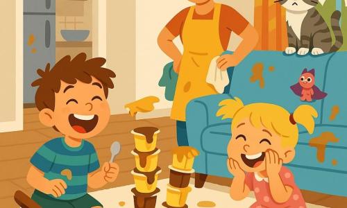 Four characters: Max, a boy with tousled brown hair in a blue-and-green striped shirt, pudding-smudged knees holding a small spoon and laughing at an overturned pudding tower to his right; Lily, a blonde girl in pigtails and a pink polka-dot dress, crouched left of Max with pudding-sticky hands, eyes sparkling and laughing while covering her face; Mom, about 35, chestnut hair in a bun, wearing a yellow apron, half-amused, half-surprised, standing behind the sofa with one hand on her hip and a cloth in the other; Whiskers, a gray-and-white tabby cat with pudding-covered paws and drippy whiskers, perched on the sofa back near a small pink toy (Captain Fuzz) with a cape, looking indifferent. Setting: a bright family living room with a light-blue pudding-stained sofa, a cream-splotched rug, an overturned light-wood coffee table, striped curtains, and an open kitchen in the background with a silver fridge and an empty mixing bowl on the counter. Main situation: an overturned tower of pudding pots creating a colorful, messy scene—yellow and chocolate pudding splattered everywhere, stains on clothes and sofa, scattered spoon bits and lids—dynamic, warm, comedic chaos centered on cute, colorful disorder.