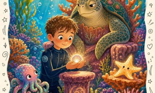 A 10-year-old boy with a round freckled face and short wet brown hair, awe-struck and serene in a navy wetsuit, holds a small glowing shell while a large wise sea turtle with a rough coral-and-green shell sits on a coral throne behind him as if congratulating him; a small luminescent starfish rests on a nearby coral branch pulsing warm light, and a colorful non-human octopus with pink, blue, and green tones curls delicate tentacles around a nearby rock, watching with curiosity and gratitude; the setting is a dense, colorful coral garden—orange coral fingers, purple bushes, pink anemone beds, waving green seaweed—and golden sunrays beam through clear water as the peaceful underwater ceremony unfolds with the boy receiving a small luminous symbol on a coral pedestal, surrounded by friendly sea creatures, warm atmosphere, saturated colors, soft contrasts, gentle bubbles and sparkling particles.