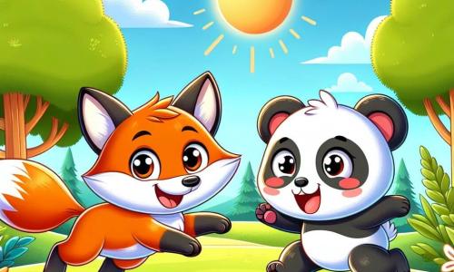 Een kleine vos met een heldere oranje vacht, grote nieuwsgierige ogen en een blije glimlach, rent door een zonnige open plek, zijn lichte pootjes raken het groene gras. Naast hem probeert een schattige panda met zwart-witte vacht, ronde zachte ogen en lichtroze wangen van opwinding hem te vangen. De open plek is omringd door majestueuze bomen met stralend groene bladeren en kleurrijke bloemen versieren de grond, wat een vleugje magie aan de omgeving toevoegt. Op de achtergrond is de lucht helderblauw met enkele donzige witte wolken, en de zon schijnt warm, waardoor een vrolijke en gastvrije sfeer ontstaat. De hoofdscène toont de vos en de panda die samen een spelletje tikkertje spelen, wat de vriendschap en tolerantie tussen vrienden van verschillende culturen symboliseert, terwijl ze hun verschillen vieren en plezier hebben in de natuur.