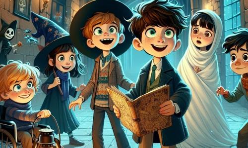 In an old haunted house, five friends stand together in a dark and mysterious hallway. Tom, a 12-year-old boy with messy brown hair and a pirate hat, is at the center, holding an old map with an excited smile. Lucy, an 11-year-old girl dressed as a witch in a black dress and pointed hat, stands to his right, holding a small broom and looking around curiously. Sam, a 12-year-old boy in a wheelchair, wears a blue wizard robe and has a spark of magic in his eyes, standing to Tom's left while illuminating the hallway with a pumpkin-shaped lamp. Alex, an 11-year-old boy dressed in a white sheet as a ghost, floats slightly behind them, his eyes wide with wonder. Ben, a 12-year-old boy in a vampire costume with a black cape, stands a bit back, watching with a mix of nervousness and excitement. The hallway is dark, with stone walls covered in cobwebs and old portraits whose eyes seem to follow the children. An ajar door at the end of the hallway emits a mysterious glow, while a gust of wind makes the candles flicker, creating a spooky yet fascinating atmosphere. The friends are preparing to enter the mysterious room, hoping to discover forgotten secrets and perhaps even meet a friendly ghost.